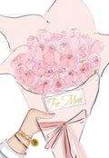 Elegant illustration of a hand holding a delicate pink rose bouquet with a 'For Mom' tag, perfect for celebrating maternal love.