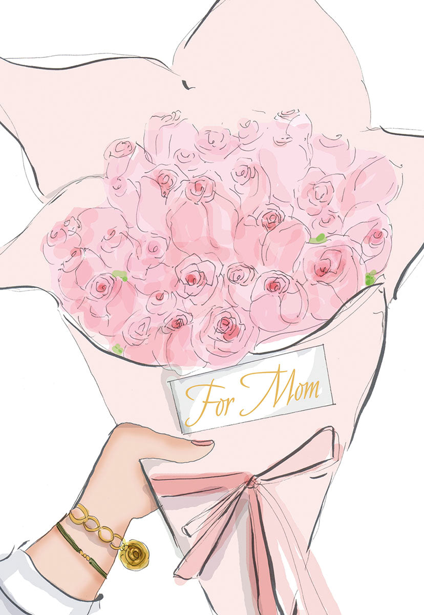 Elegant illustration of a hand holding a delicate pink rose bouquet with a 'For Mom' tag, perfect for celebrating maternal love.