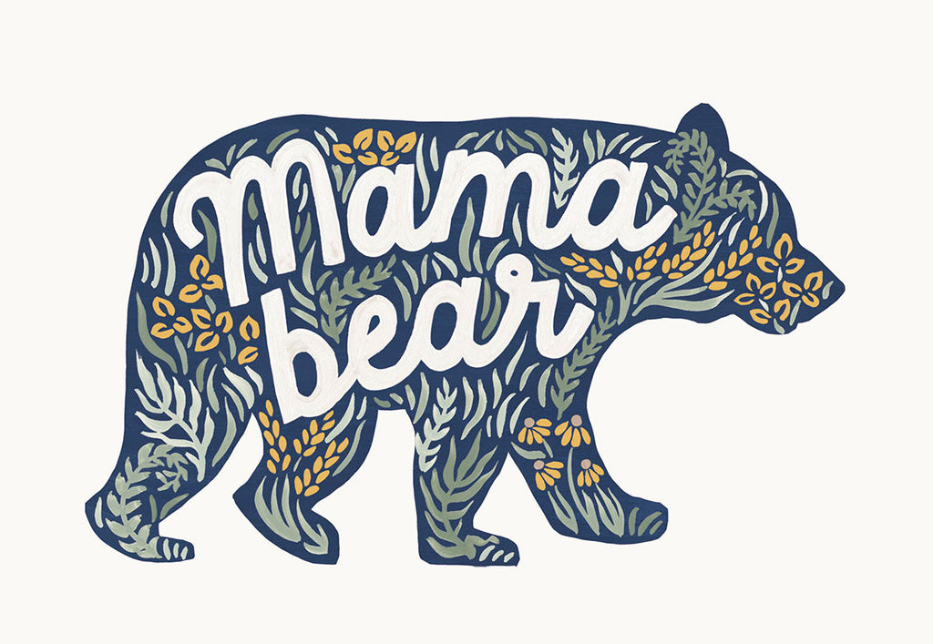 Illustrated greeting card featuring a 'Mama bear' design in navy blue with green foliage and yellow flowers, perfect for a special matriarch.