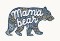 Illustrated greeting card featuring a 'Mama bear' design in navy blue with green foliage and yellow flowers, perfect for a special matriarch.