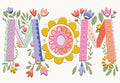 Vibrantly colored greeting card front featuring 'MOM' in floral, textured letters surrounded by blooming flowers and green leaves on a white background, perfect for a special mom.