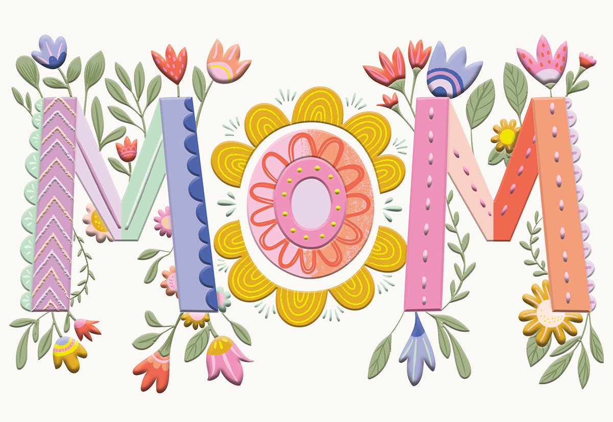 Vibrantly colored greeting card front featuring 'MOM' in floral, textured letters surrounded by blooming flowers and green leaves on a white background, perfect for a special mom.