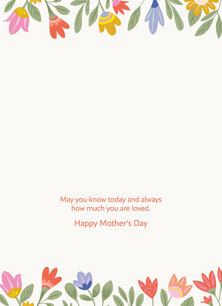 Inside of a greeting card with a loving message: 'May you know today and always how much you are loved. Happy Mother's Day,' framed by delicate floral borders at the top and bottom.