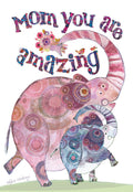 Heartfelt Mother's Day greeting card featuring a large pink elephant and small blue elephant adorned with colorful mandala patterns, with text 'Mom you are amazing' in playful fonts. Ideal for expressing love and appreciation to mothers.