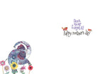 Inside of a Mother's Day greeting card showing a small blue elephant with colorful flowers on the left, and text 'Don't ever forget it! Happy Mother's Day' on the right, conveying a loving message.