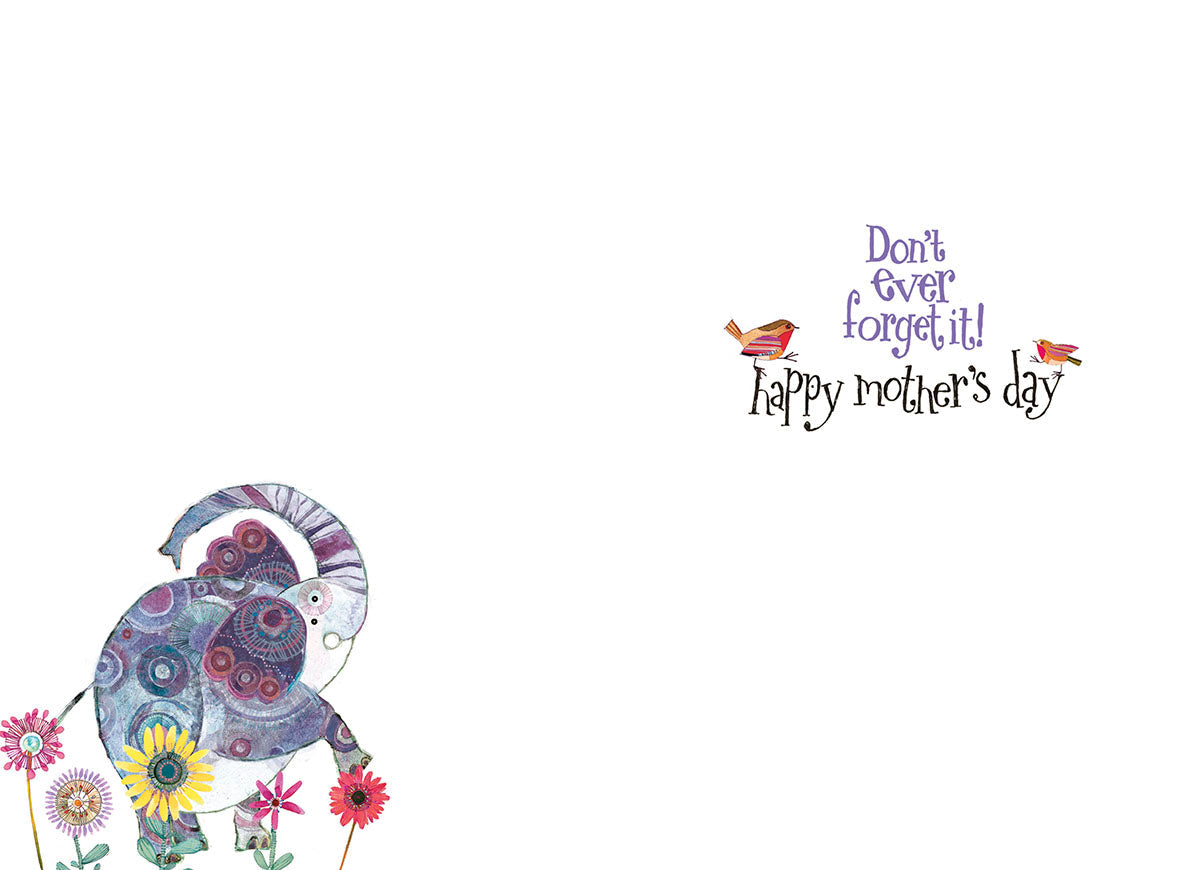 Inside of a Mother's Day greeting card showing a small blue elephant with colorful flowers on the left, and text 'Don't ever forget it! Happy Mother's Day' on the right, conveying a loving message.