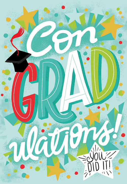 Vibrant graduation greeting card with colorful 'Con GRAD ulations!' text, stars, confetti, and a black graduation cap, perfect for celebrating an achievement.