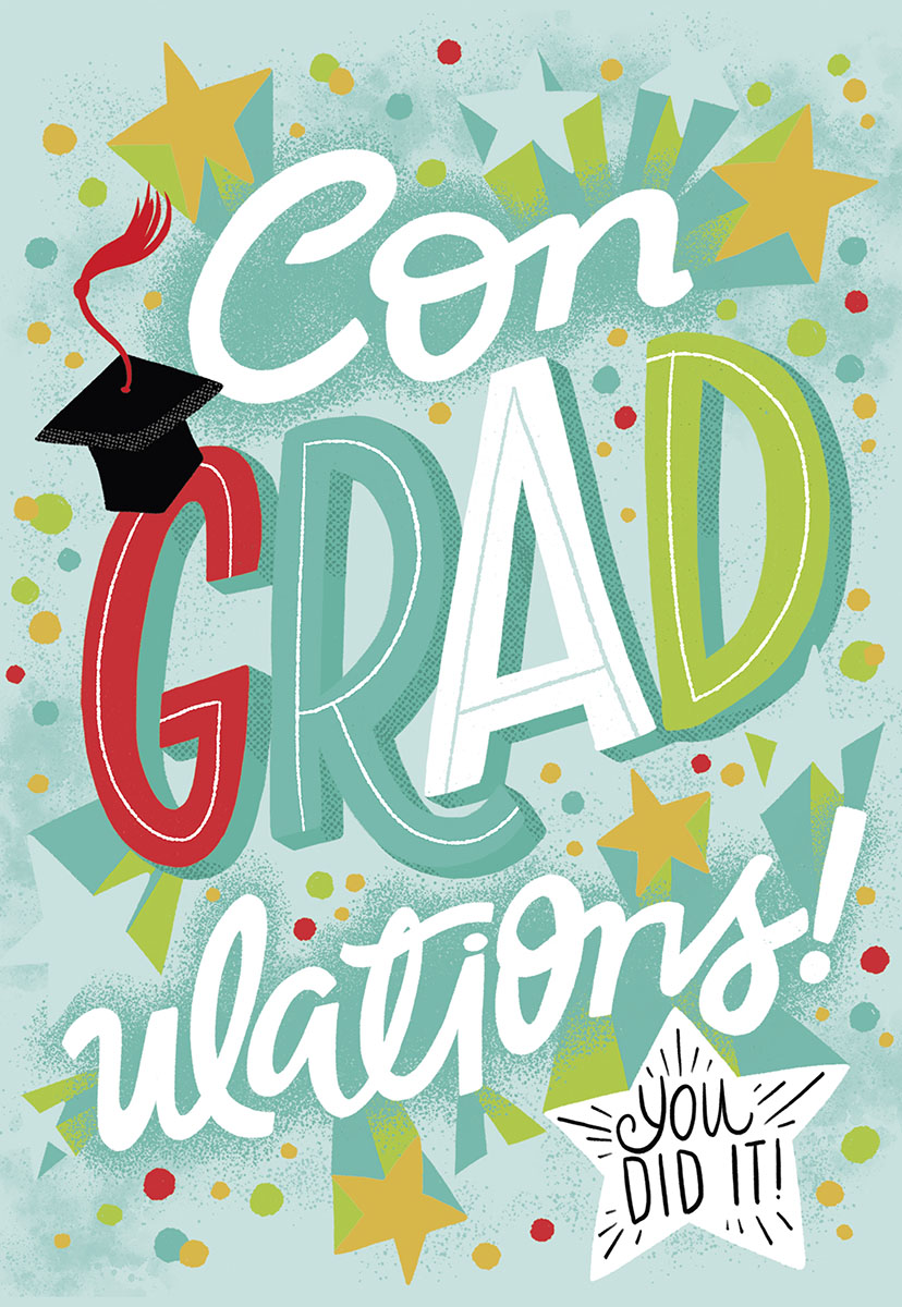 Vibrant celebratory greeting card featuring 'Con GRAD ulations!' text, a black graduation cap, colorful stars, and confetti on a light blue background.