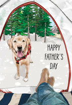 Greeting card featuring a happy golden retriever dog peeking into a camping tent, with a person's feet relaxing inside, surrounded by a pine forest. Perfect for outdoor-loving dads.