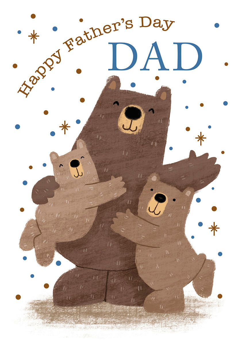 Adorable Father's Day greeting card featuring a loving brown papa bear hugging two smaller light brown bear cubs, with 'Happy Father's Day DAD' text and blue and brown confetti dots.