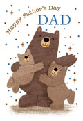 Adorable Father's Day greeting card featuring a loving brown papa bear hugging two smaller light brown bear cubs, with 'Happy Father's Day DAD' text and blue and brown confetti dots.