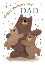 Adorable Father's Day greeting card featuring a loving brown papa bear hugging two smaller light brown bear cubs, with 'Happy Father's Day DAD' text and blue and brown confetti dots.