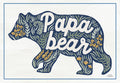Greeting card featuring a navy blue silhouette of a bear filled with green leaves, yellow flowers, and white text spelling 'Papa bear' on a cream background, bordered in blue.