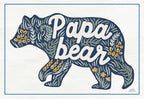 Greeting card featuring a navy blue silhouette of a bear filled with green leaves, yellow flowers, and white text spelling 'Papa bear' on a cream background, bordered in blue.