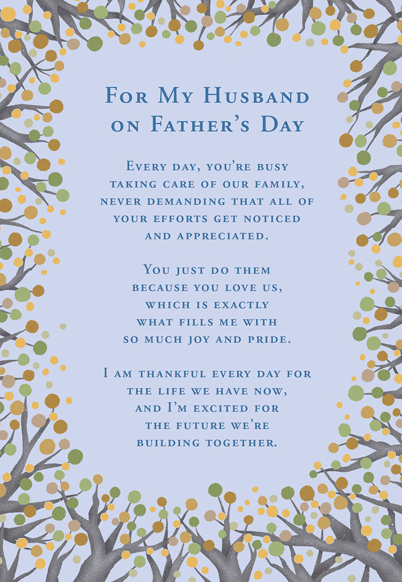 Heartfelt greeting card for husband, featuring a beautiful tree branch border with colorful leaves and a loving message: 'For My Husband On Father's Day'.