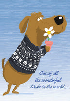 Cute brown cartoon dog in paw print sweater holding a daisy, with a heartfelt message for a wonderful dad on the front of a greeting card.