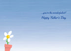Inside view of a Father's Day greeting card with 'you're the wonderfulest! Happy Father's Day' and a potted daisy illustration on a light blue background.