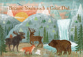 Greeting card cover featuring a scenic mountain and forest landscape with a waterfall, sun, and diverse wildlife including a moose, deer, fox, rabbit, squirrel, and bear. Text reads: 'Because You're such a Great Dad...' Perfect for Father's Day.