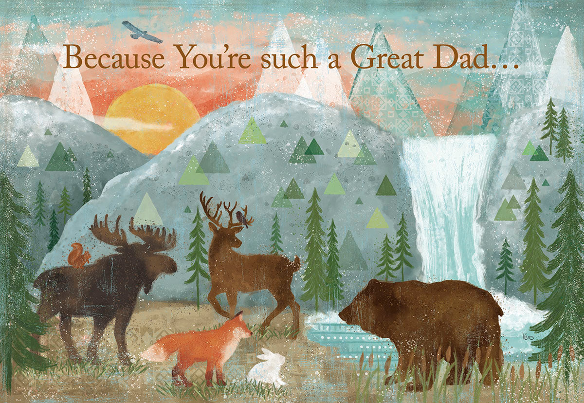 Greeting card cover featuring a scenic mountain and forest landscape with a waterfall, sun, and diverse wildlife including a moose, deer, fox, rabbit, squirrel, and bear. Text reads: 'Because You're such a Great Dad...' Perfect for Father's Day.