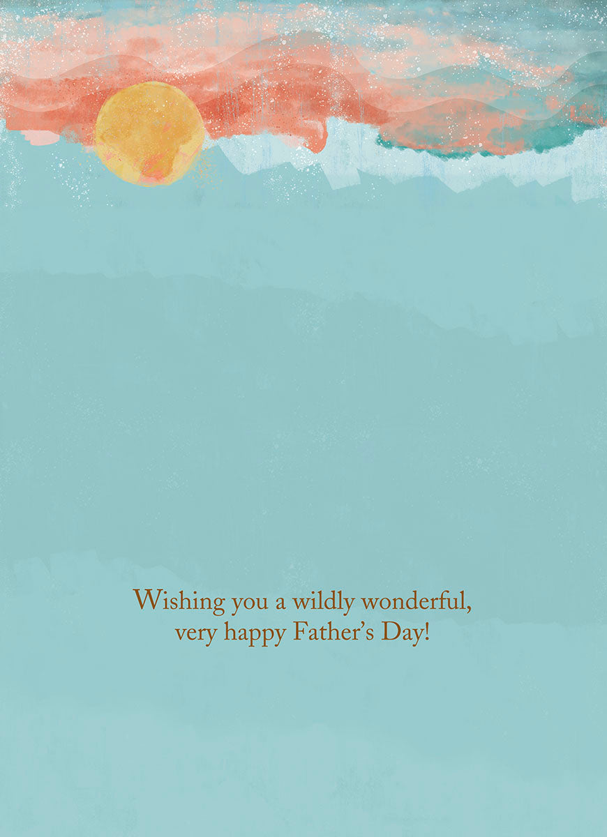 Inside of a Father's Day greeting card with a light blue background, sun, and clouds, with text 'Wishing you a wildly wonderful, very happy Father's Day!'