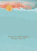 Inside of a Father's Day greeting card with a light blue background, sun, and clouds, with text 'Wishing you a wildly wonderful, very happy Father's Day!'