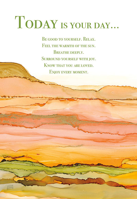 Watercolor desert scene Father's Day card front with inspiring 'Today Is Your Day...' message and warm earthy tones.