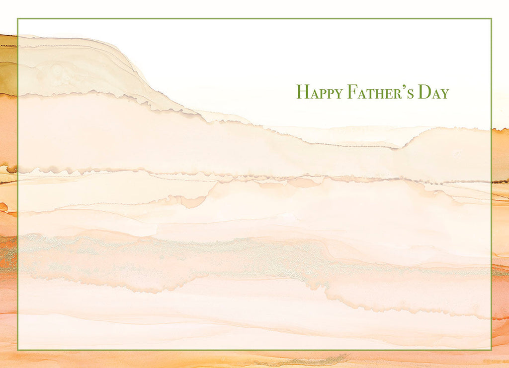 Inside view of a Father's Day greeting card, showcasing matching abstract alcohol ink art in soft beige, peach, and gold tones. Text reads 'Happy Father's Day' in green script. The design provides ample space for a personalized message to your parent, father, or beloved male figure.