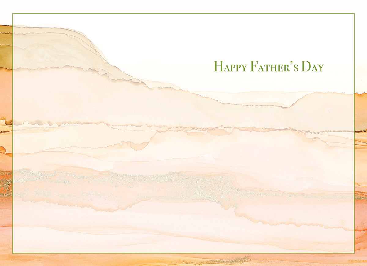 Inside view of a Father's Day greeting card, showcasing matching abstract alcohol ink art in soft beige, peach, and gold tones. Text reads 'Happy Father's Day' in green script. The design provides ample space for a personalized message to your parent, father, or beloved male figure.