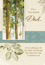 Elegant Father's Day greeting card featuring a framed watercolor illustration of green trees, with the heartfelt message 'For a Very Special Dad...' and an appreciation note. Perfect for honoring a parent.