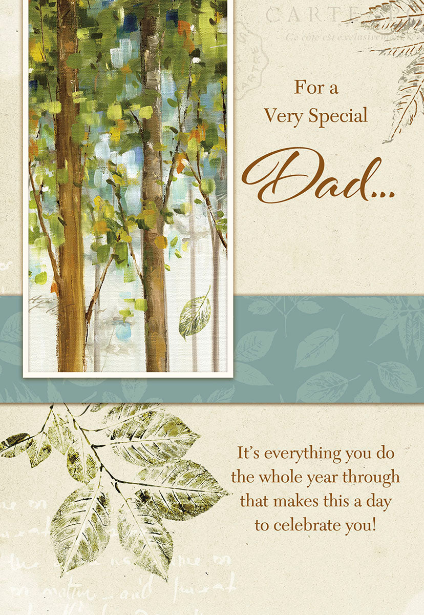Elegant Father's Day greeting card featuring a framed watercolor illustration of green trees, with the heartfelt message 'For a Very Special Dad...' and an appreciation note. Perfect for honoring a parent.