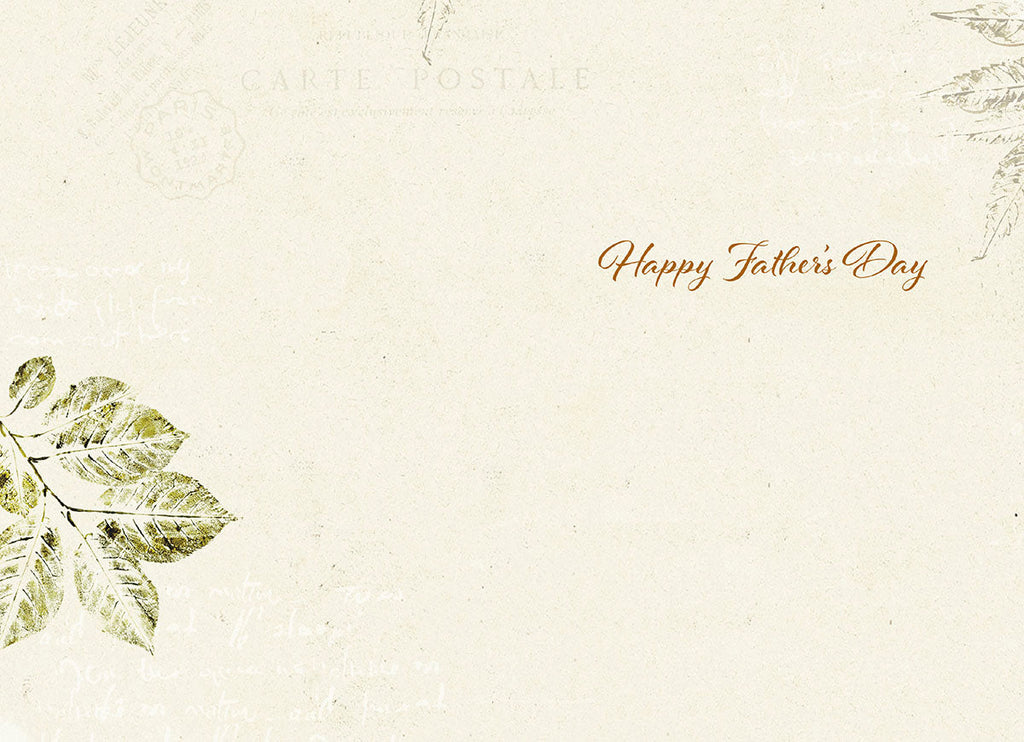 Inside view of a tasteful Father's Day card, displaying 'Happy Father's Day' in elegant script against a cream background with subtle leaf print and vintage postage details.