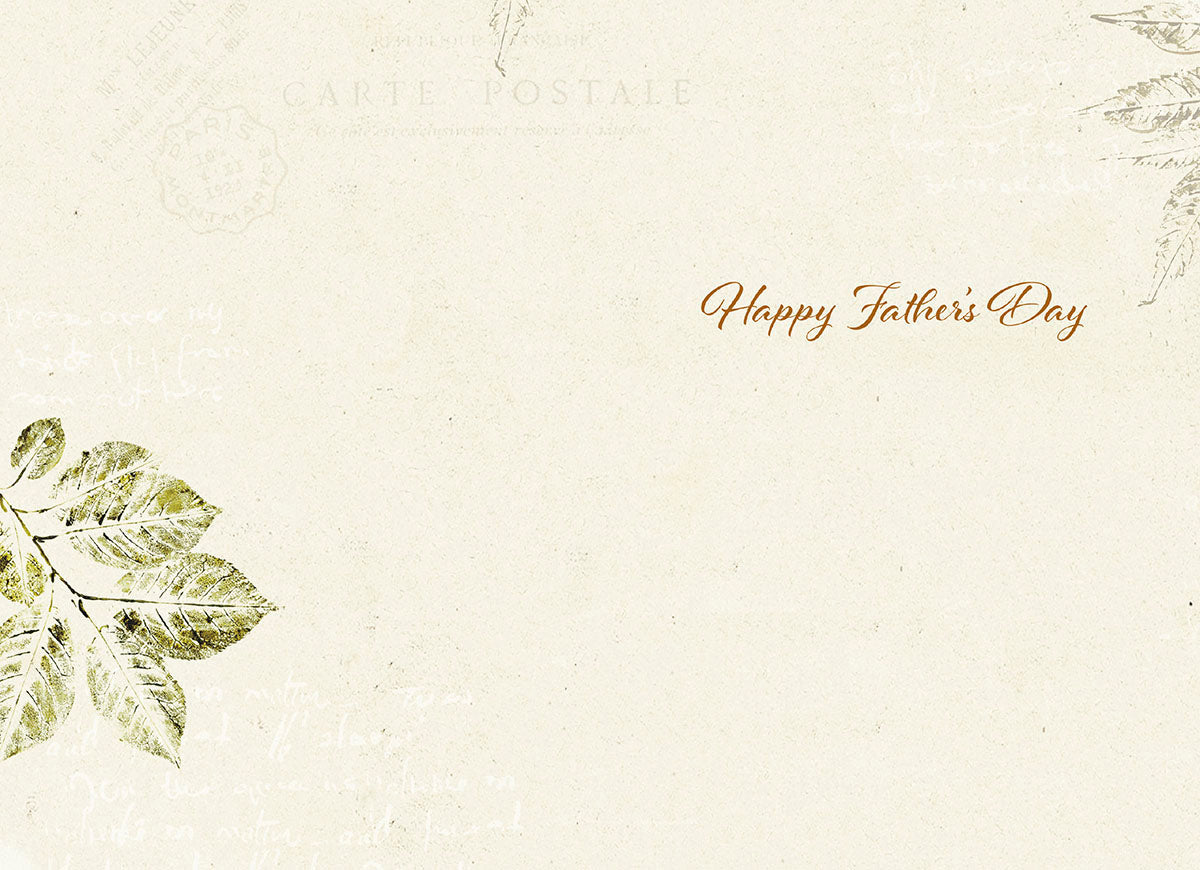 Inside view of a tasteful Father's Day card, displaying 'Happy Father's Day' in elegant script against a cream background with subtle leaf print and vintage postage details.