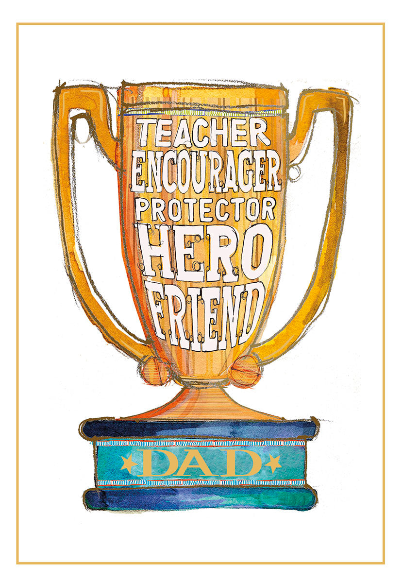 Watercolor illustration of a golden trophy with 'TEACHER ENCOURAGER PROTECTOR HERO FRIEND DAD' inscribed, perfect for celebrating an amazing father.