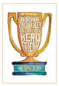 Watercolor illustration of a golden trophy with 'TEACHER ENCOURAGER PROTECTOR HERO FRIEND DAD' inscribed, perfect for celebrating an amazing father.