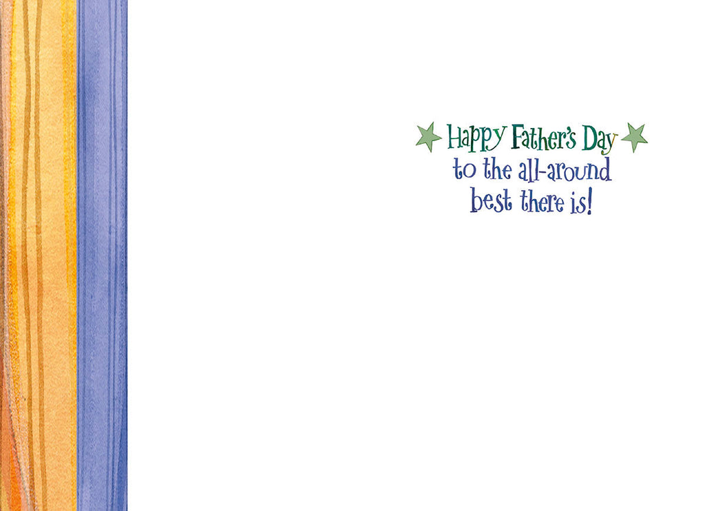 Open greeting card interior with 'Happy Father's Day to the all-around best there is!' in green text on a white background, flanked by vibrant vertical stripes.