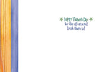 Open greeting card interior with 'Happy Father's Day to the all-around best there is!' in green text on a white background, flanked by vibrant vertical stripes.
