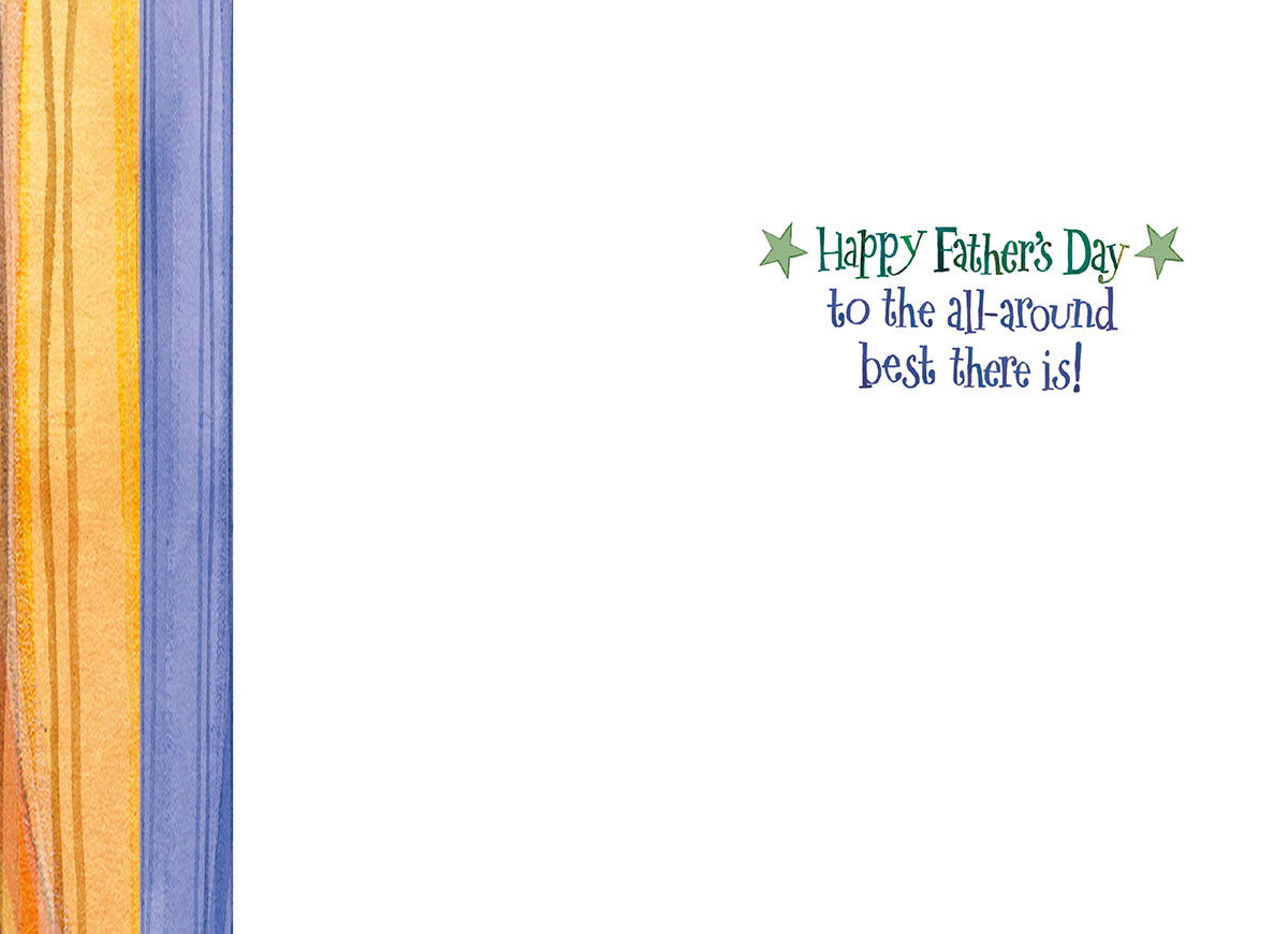 Open greeting card interior with 'Happy Father's Day to the all-around best there is!' in green text on a white background, flanked by vibrant vertical stripes.