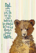 Front of a heartfelt Father's Day greeting card featuring a charming brown bear illustration. Text reads: 'Dad, when I look back on my life, I can't help but be grateful to you for always being there...'