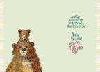 Inside of a sentimental Father's Day greeting card showing a large parent bear carrying a smaller cub bear on its head. Complementary text reads: '...and for lifting me up in more ways than I can count! You're the best! Happy Father's Day.'