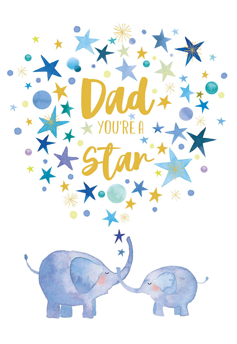 Front of a Father's Day greeting card featuring a watercolor illustration of two blue elephants, a large one and a small one, touching trunks. Above them, a burst of blue, gold, and teal stars and circles surrounds the gold text 'Dad, You're a Star'.
