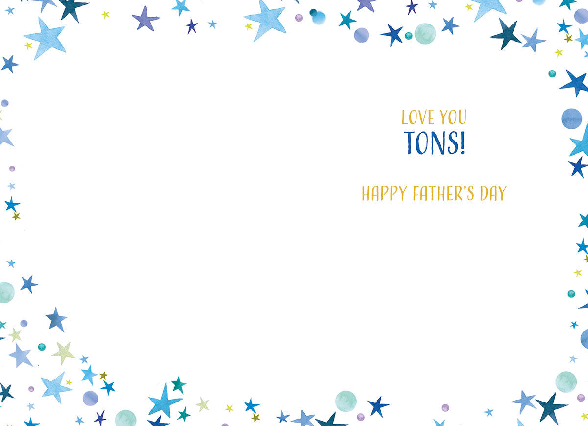Inside of a starry watercolor greeting card for dads, featuring the message 'Love you tons! Happy Father's Day' framed by playful blue, green, and yellow star patterns.