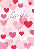 Front of a romantic Valentine's Day greeting card featuring numerous watercolor hearts in shades of pink and red, with the phrase 'Love You' elegantly scripted in the center. Ideal for expressing affection to a spouse or loved one.