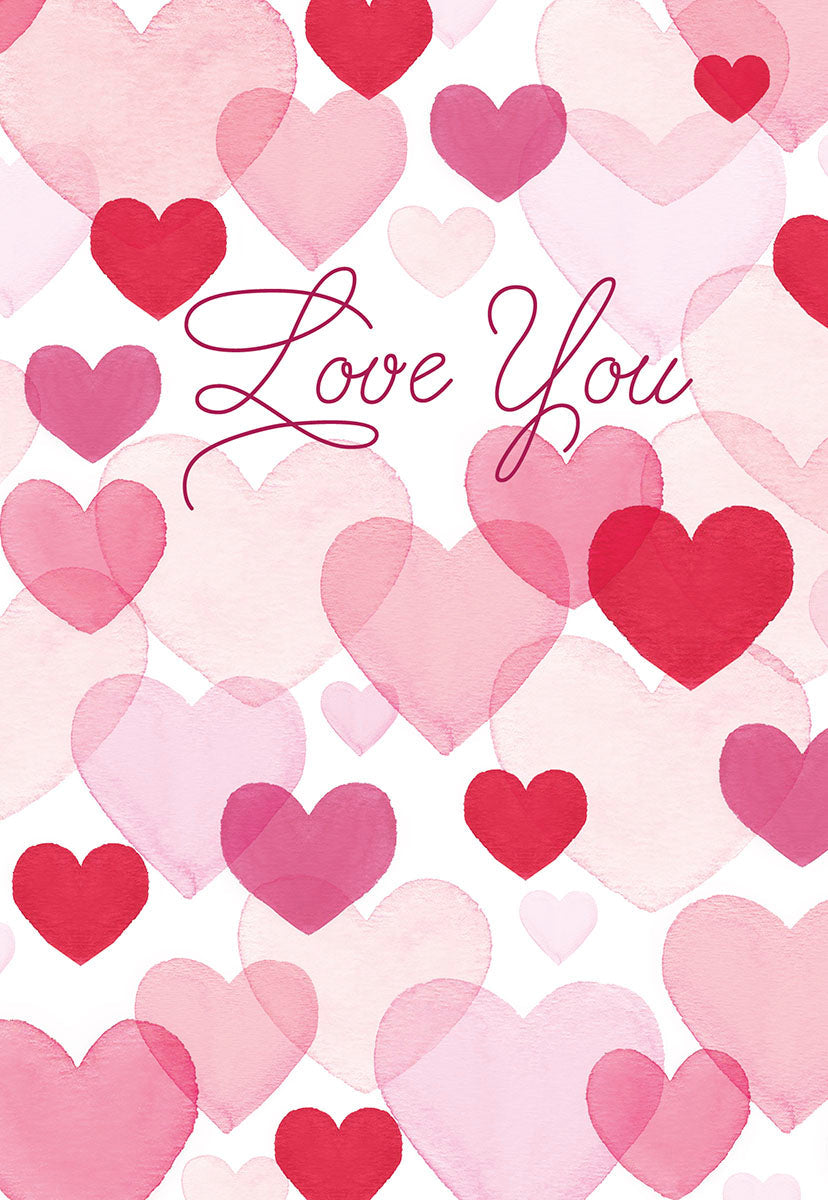 Front of a romantic Valentine's Day greeting card featuring numerous watercolor hearts in shades of pink and red, with the phrase 'Love You' elegantly scripted in the center. Ideal for expressing affection to a spouse or loved one.