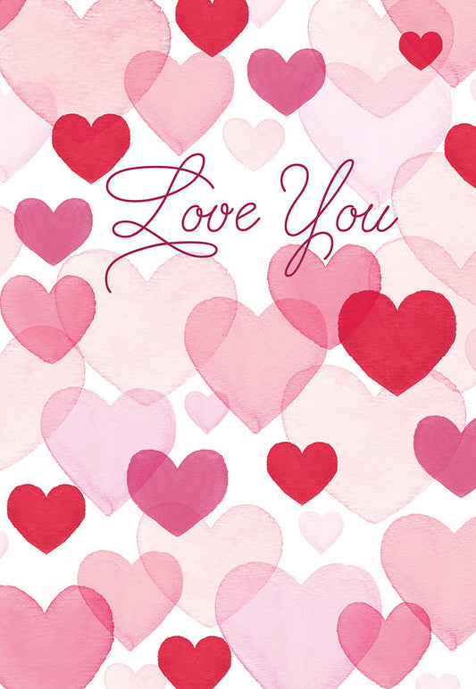 Front of a Valentine's Day card with a watercolor hearts pattern in shades of pink and red, and 'Love You' in elegant script.