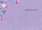 Inside of the Valentine's Day greeting card, showing a light purple background with scattered gold glitter. The text 'Happy Valentine's Day' is centered on the right side, with ample space for a personal message.