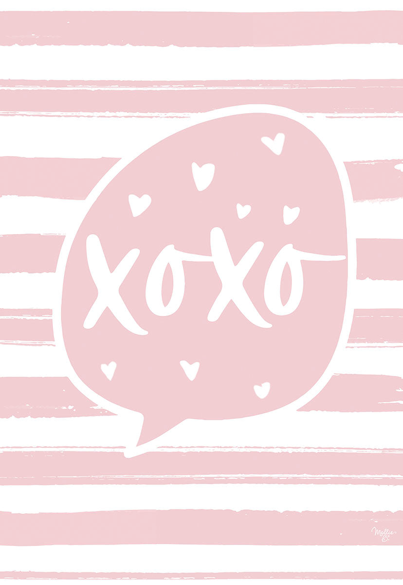 Front of a romantic XOXO Valentine's Day card featuring a pink striped background and a light pink speech bubble with white XOXO and hearts design.