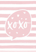 Front of a romantic XOXO Valentine's Day card featuring a pink striped background and a light pink speech bubble with white XOXO and hearts design.