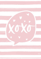 Front of a romantic XOXO Valentine's Day card featuring a pink striped background and a light pink speech bubble with white XOXO and hearts design.