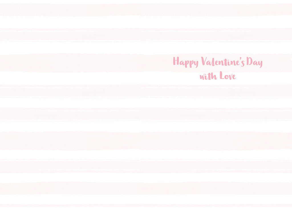 Inside of a romantic Valentine's Day card with a subtle pink striped background, featuring the heartfelt message 'Happy Valentine's Day with Love' in delicate pink script.