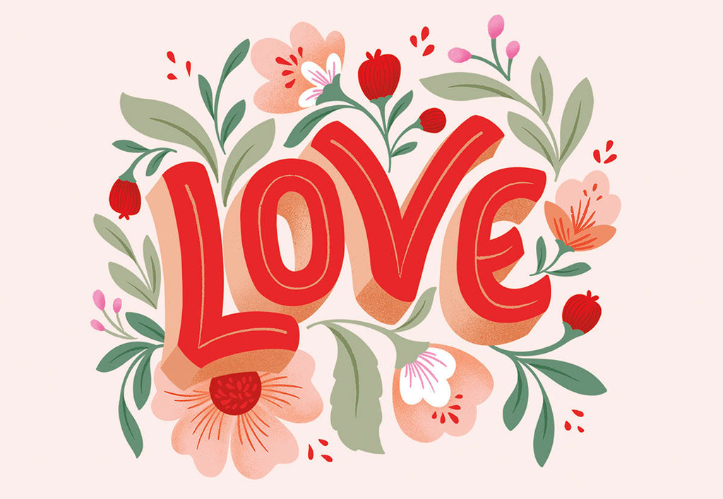 Romantic Valentine's Day greeting card with 'LOVE' in red calligraphy surrounded by delicate pink, red, and white flowers and green foliage on a light background, perfect for a spouse or partner.